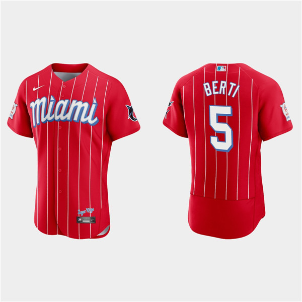 Men's Miami Marlins #5 Jon Berti 2021 Red City Connect Flex Base Stitched Jersey